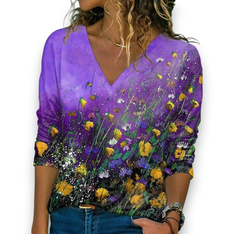 Vネック 花柄プリント Tシャツ