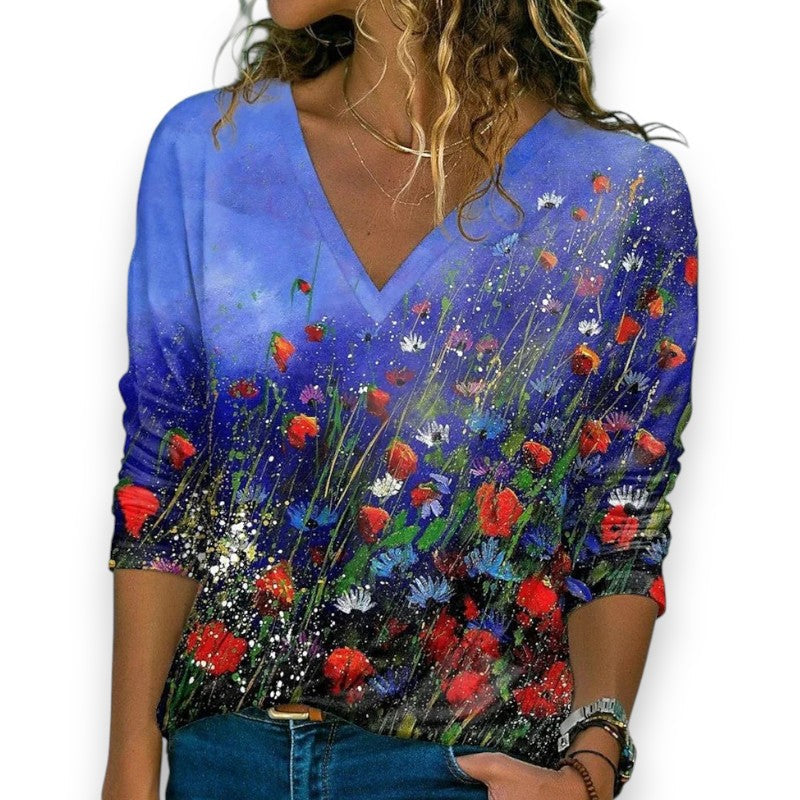 Vネック 花柄プリント Tシャツ