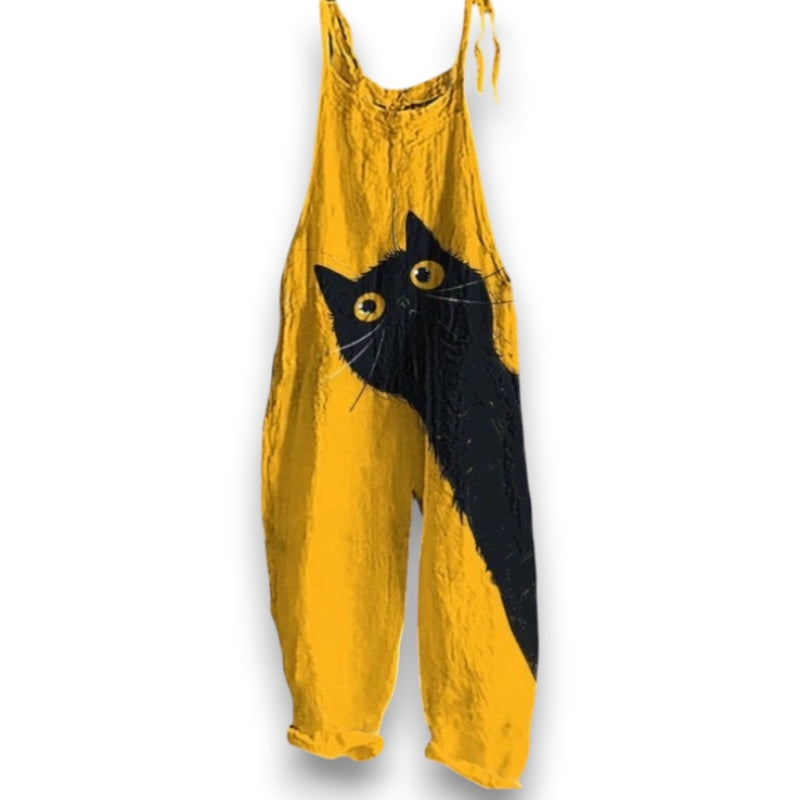黒い猫が描かれた黄色のハンドメイドオーバーオール